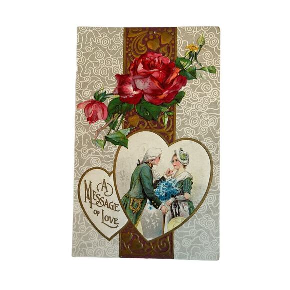 Antique Early 1900s Ephemera Valentine Postcard Edwardian Era Lovers Roses Heart - Picture 2 of 5